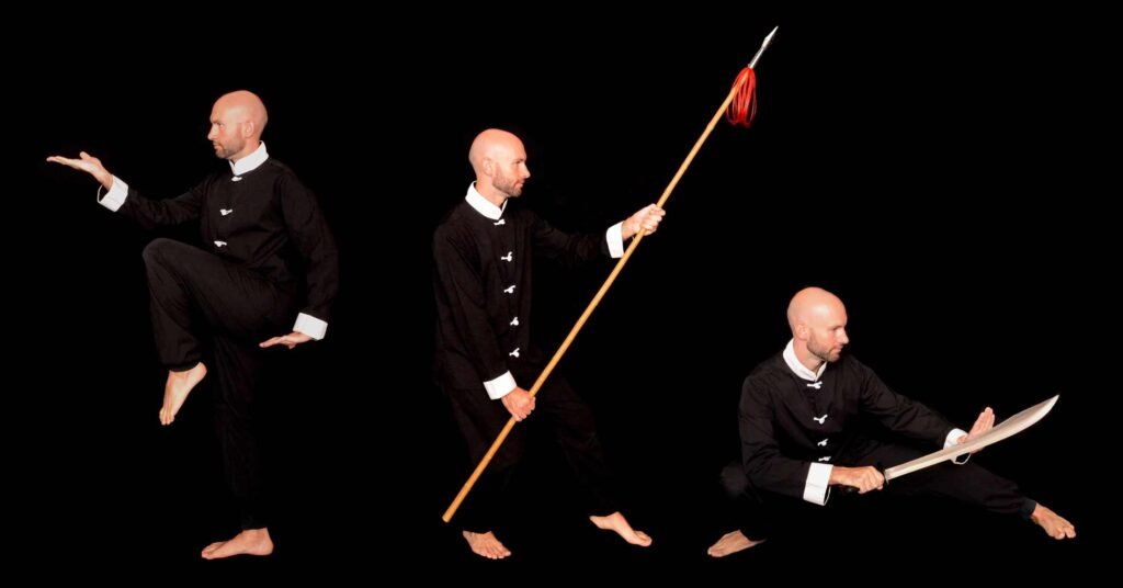 Shaolin Kung Fu Martial Artist in 3 Poses - 1 Empty Hand 2 with Spear 3 with Chinese Broadsword