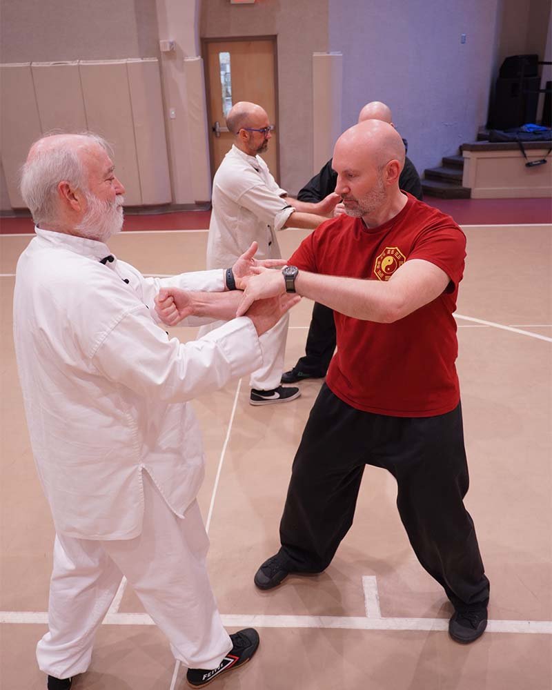 Martial arts instructor demonstrating arm‑control technique with student in a training hall